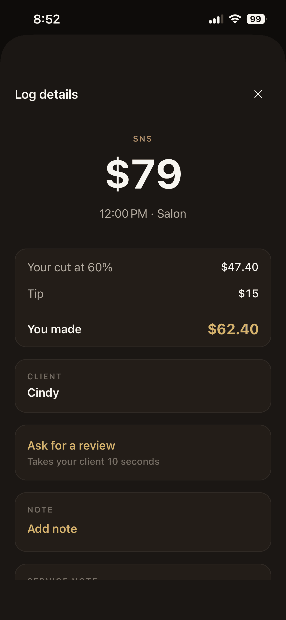 A logged service with an Ask for a review option underneath it