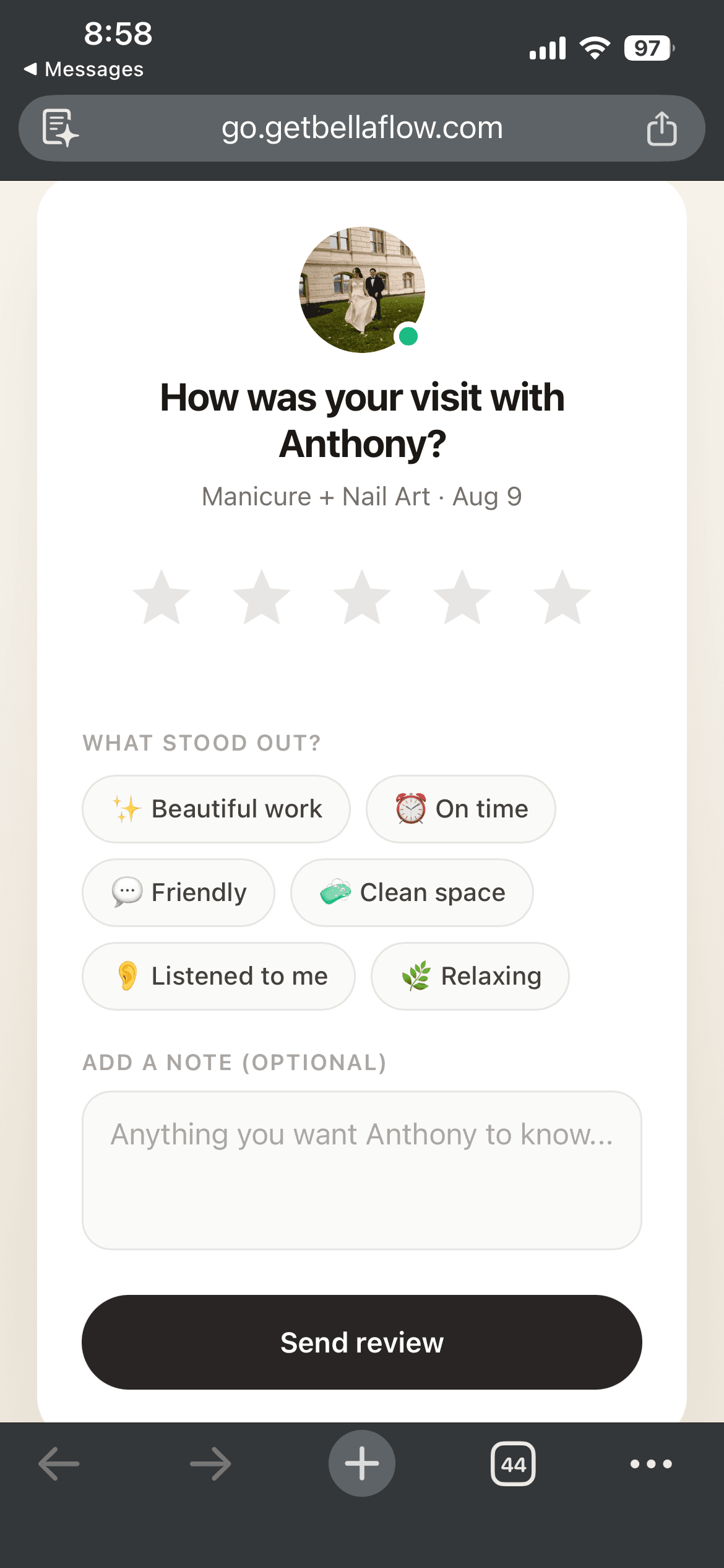 The page a client opens in their browser: stars, compliment chips, and an optional note
