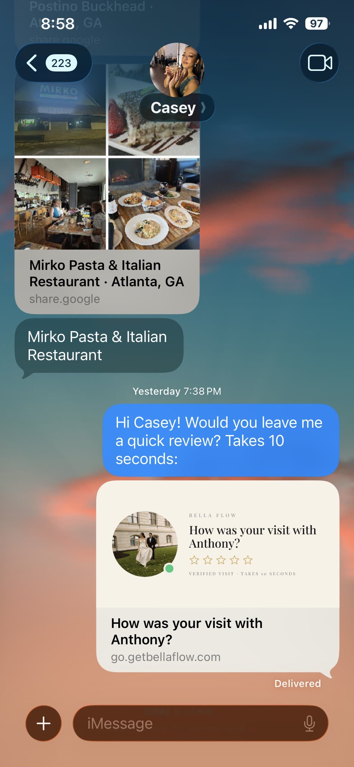A text message unfurling into a card with the stylist's photo and five empty stars