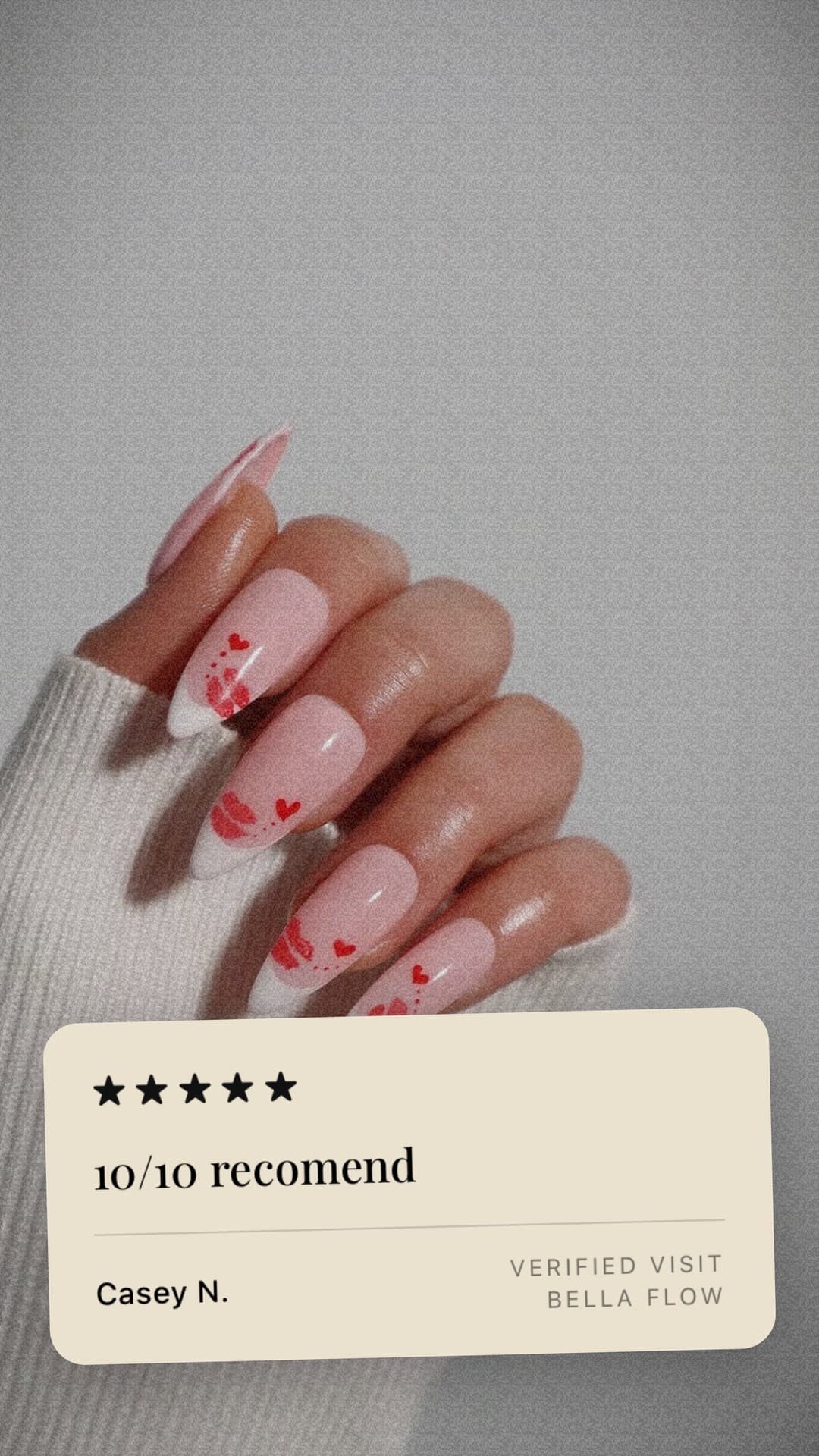 A share card: finished nail art with a five-star review laid over it and a Verified visit mark