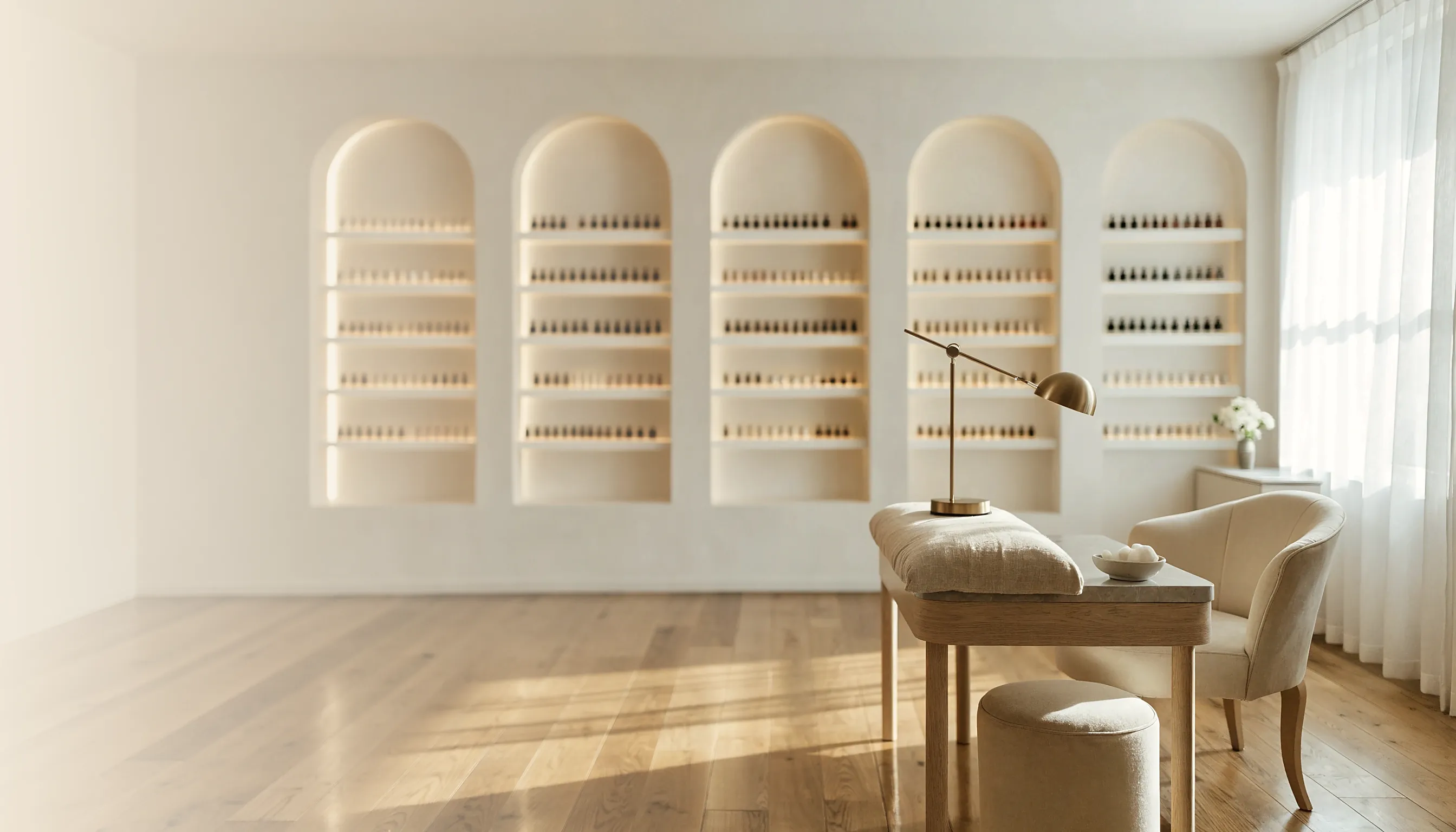 A bright nail studio in late morning, a manicure table beneath a wall of backlit polish niches