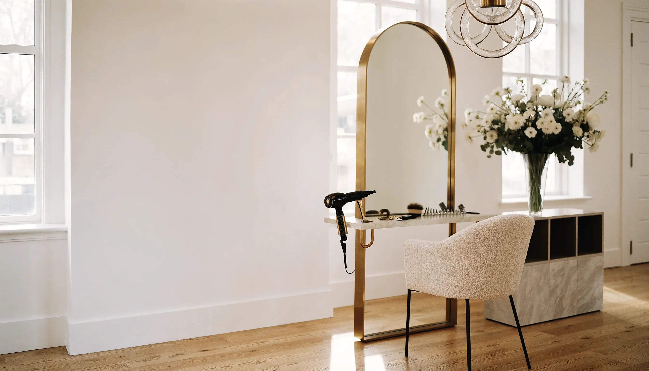 A hairstylist's station at midday, tools laid out beneath an arched mirror
