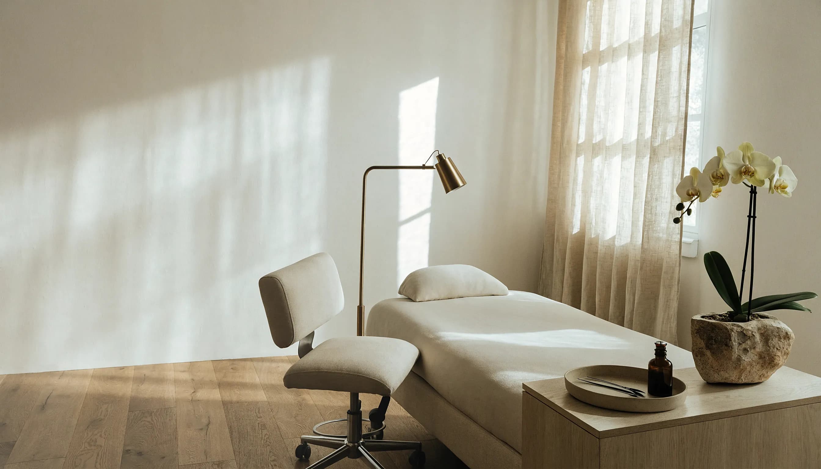 A calm lash treatment room in warm afternoon light