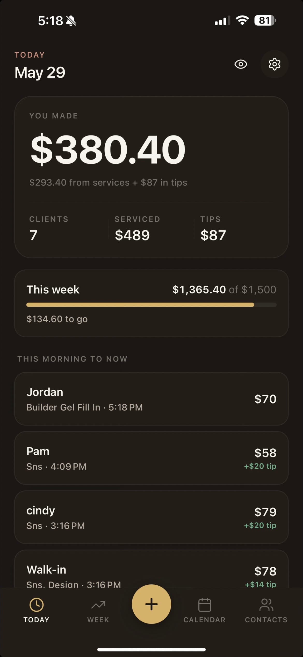 Bella Flow Today screen showing $380.40 made today, with weekly goal progress at $1,365.40 of $1,500