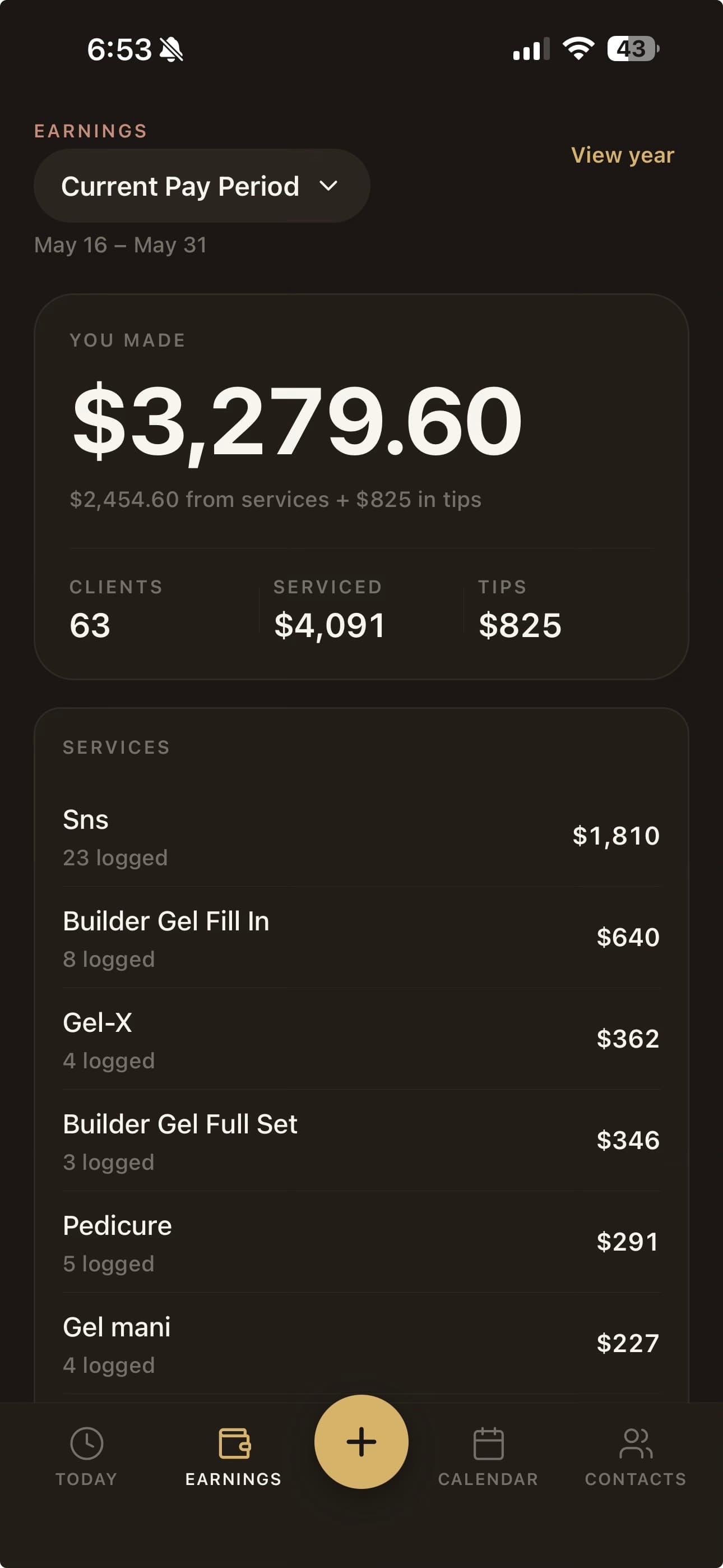 Earnings screen with Current Pay Period selected, showing $3,279.60 made across May 16 to 31 with a services breakdown
